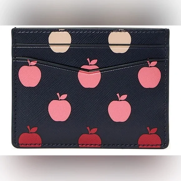 Kate Spade Navy Card Holder with Pink and Red Apples - Picture 2 of 4